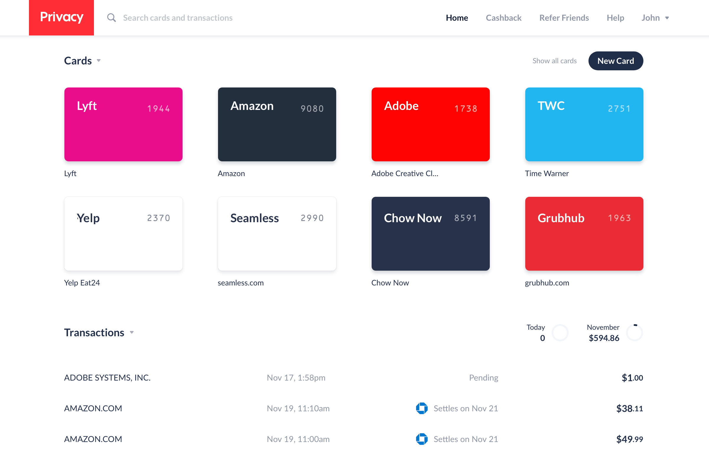 Privacy.com dashboard showing multiple cards and transactions