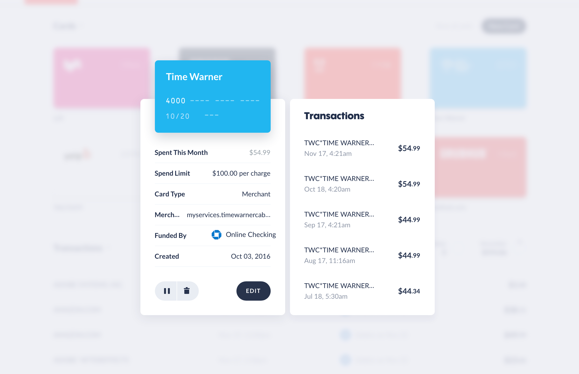 Privacy.com dashboard showing a single card and associated transactions and settings